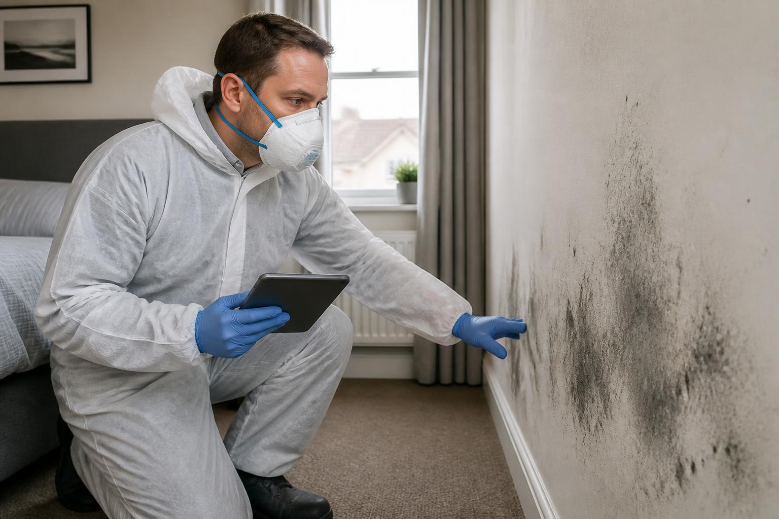 Mould specialist inspecting black mould on a bedroom wall